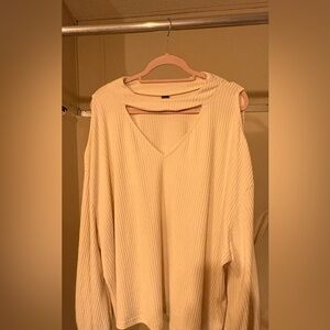 Women's Cream Ribbed V-Neck Cold-Shoulder Sweater